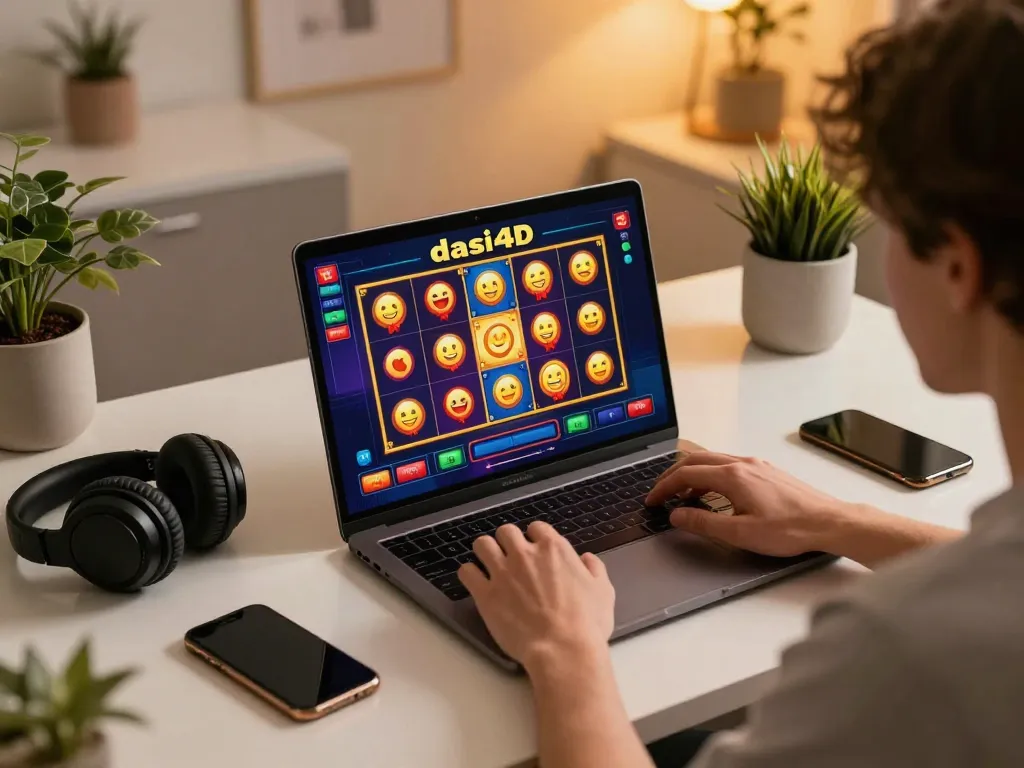 Rasakan sensasi permainan slot dasi4d di rumah dengan seorang pemain yang menikmati gulungan dan bonus yang berwarna-warni.