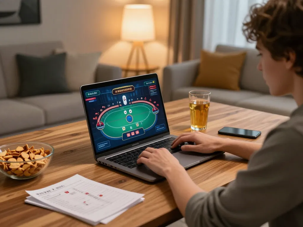 uu88 player strategizing in cozy home poker game setting with snacks