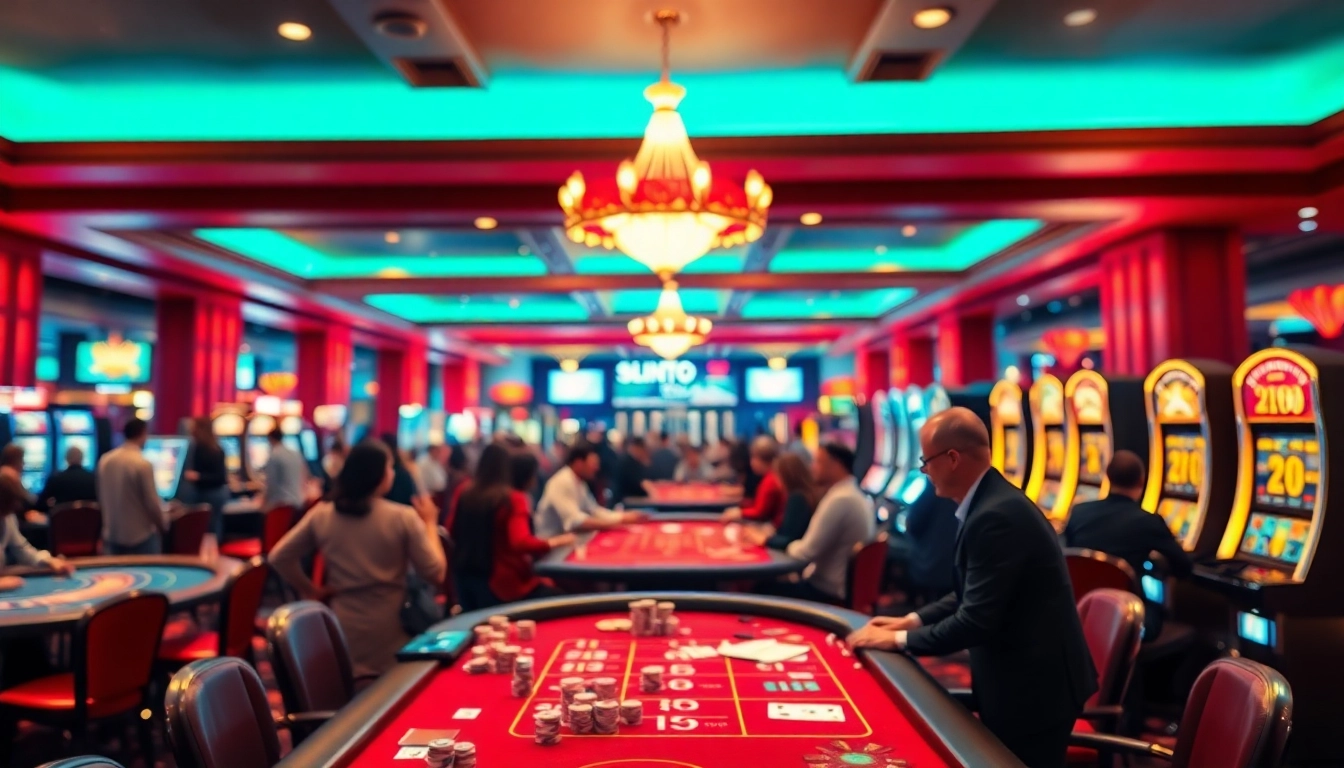 Erlebe aufregende casino-spiele de in einem lebhaften Casino mit glücklichen Spielern.