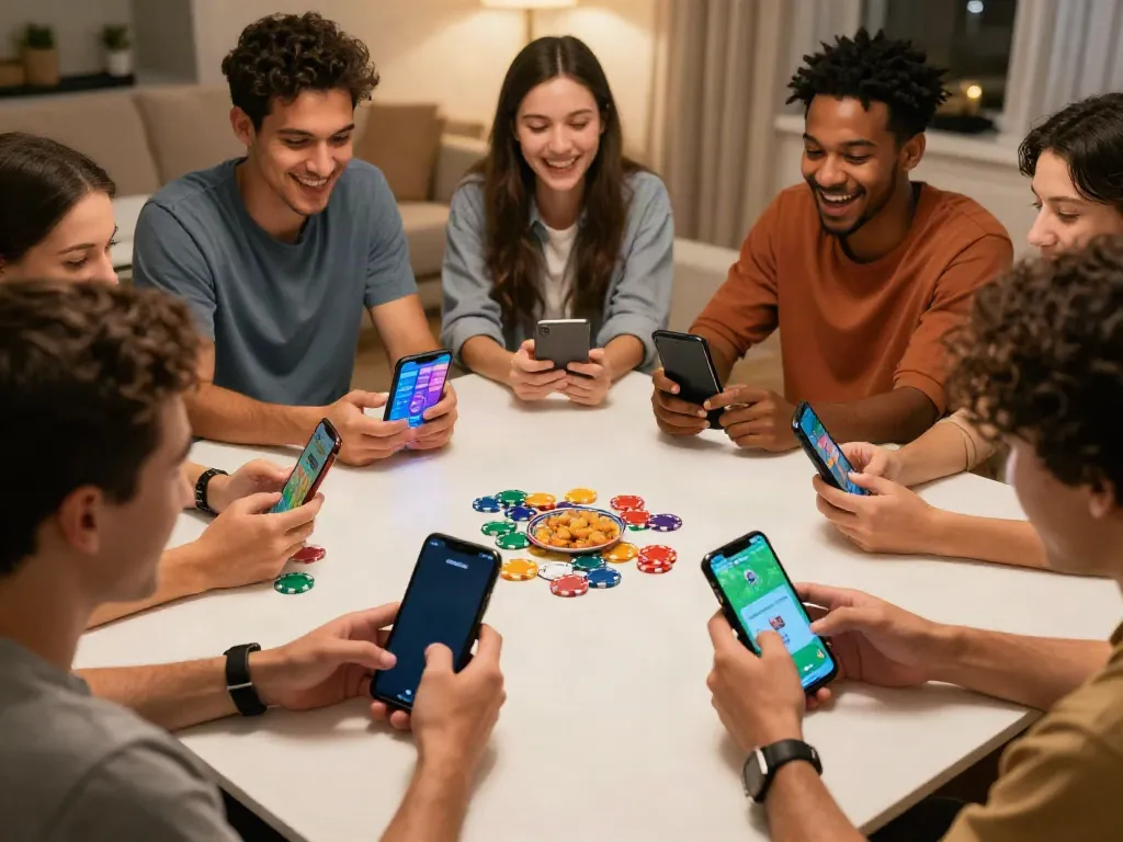 Friends enjoying Rumble Rummy app together, showcasing lively game night atmosphere.