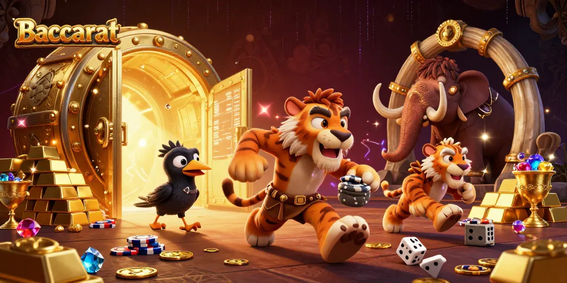 Experience Baccarat excitement with a lively scene featuring a sabertooth duo and a clever crow in a casino
