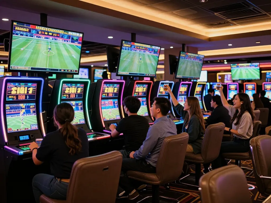 Patrons engage in thrilling sports betting at a modern lounge in the VK88 casino.