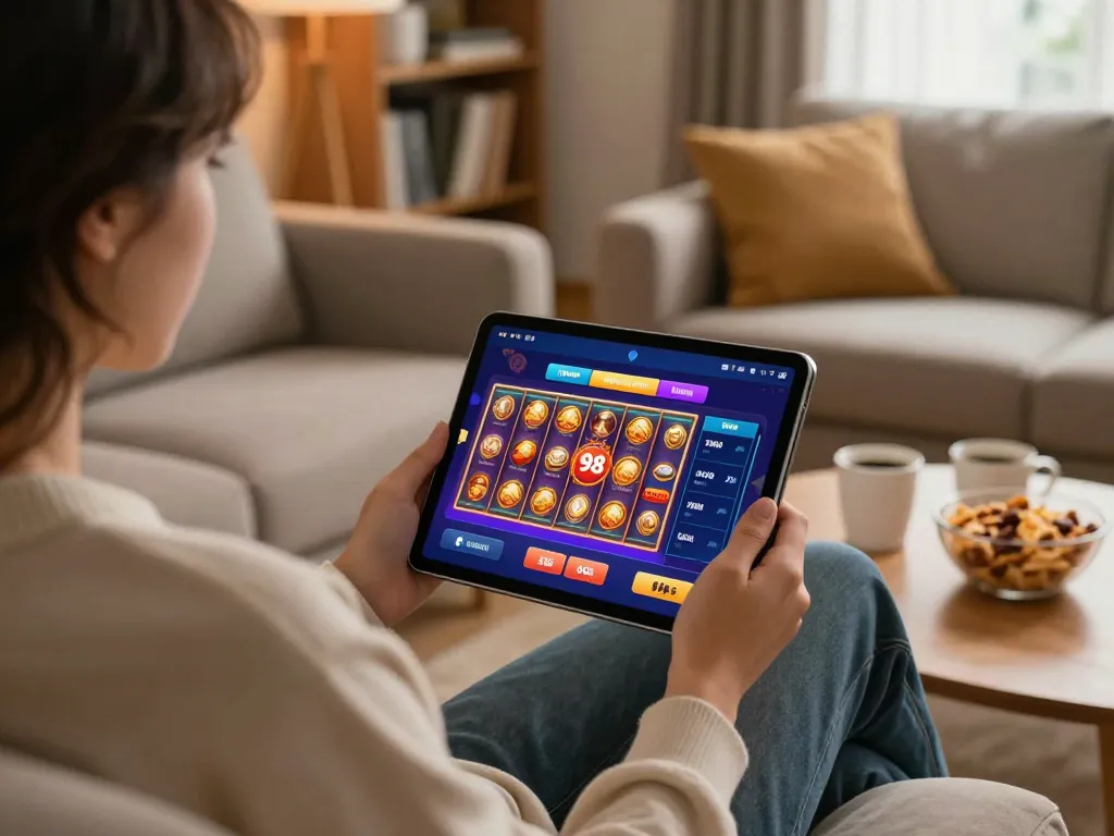 Engaging with the app 98win on a tablet in a cozy living room, showcasing responsible gaming.