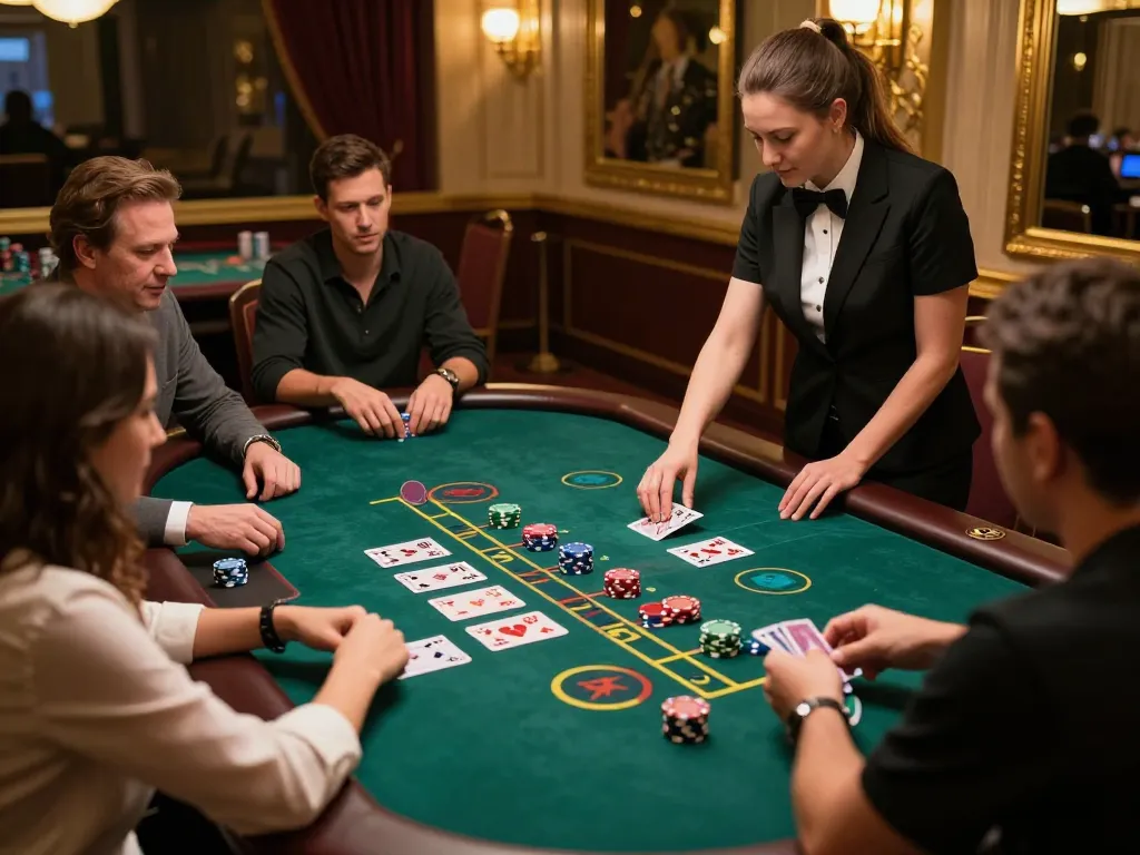 Players engaging in a strategic blackjack game at 789club casino, vibrant atmosphere with professional dealer.