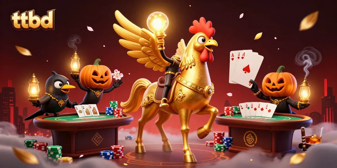 ttbd showcases a headless golden rooster in a lively midnight casino scene with poker elements