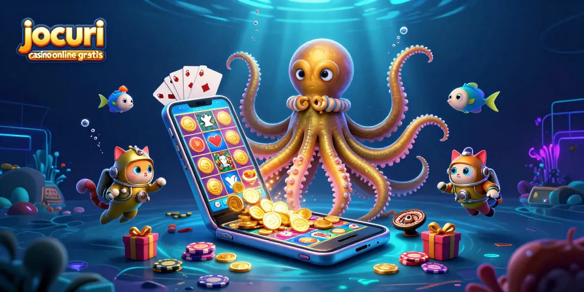 Joacă jocuri casino online gratis cu krakenul și un catel de scufundări într-o scenă vibrantă.