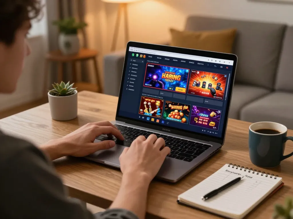 Player enjoying a strategic session on 100vip online casino platform, laptop loaded with gaming options.