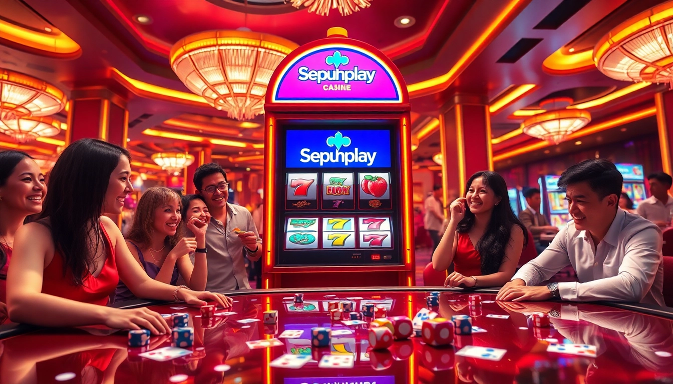 Players enjoying thrilling moments at Sepuhplay's modern slot machine in a luxurious casino setting.