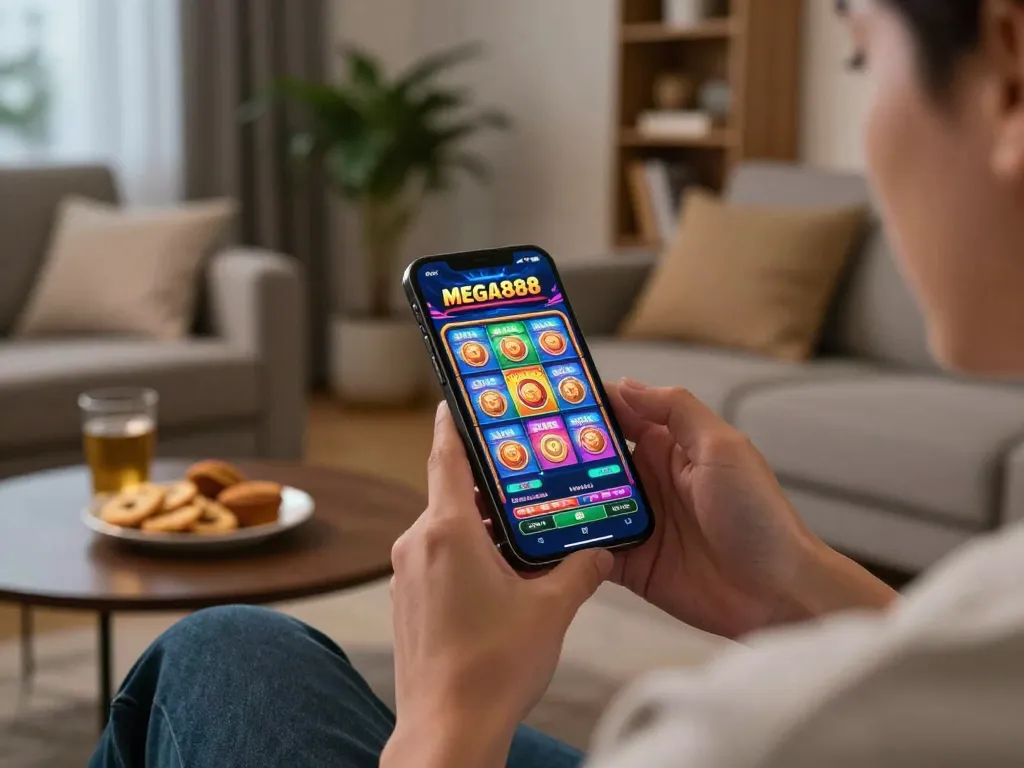 Engaging with Mega888 casino app on smartphone for strategic online gaming, showcasing vibrant graphics and comfortable setting.