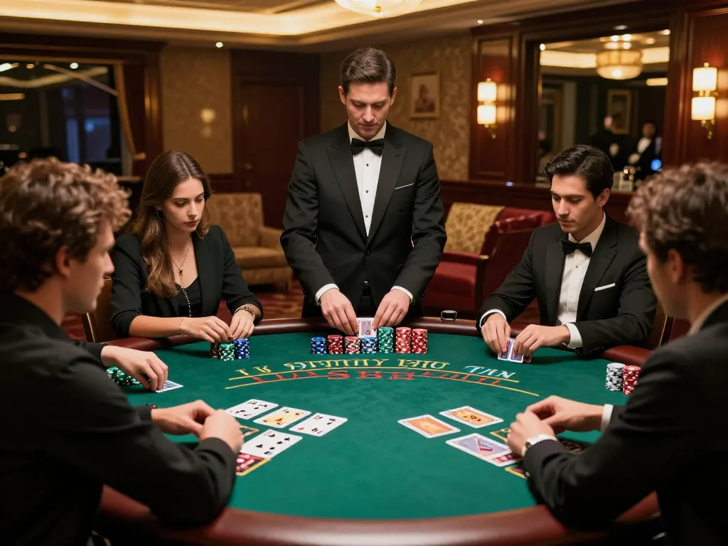 SC88 players strategizing their moves at an upscale blackjack table in a vibrant casino.