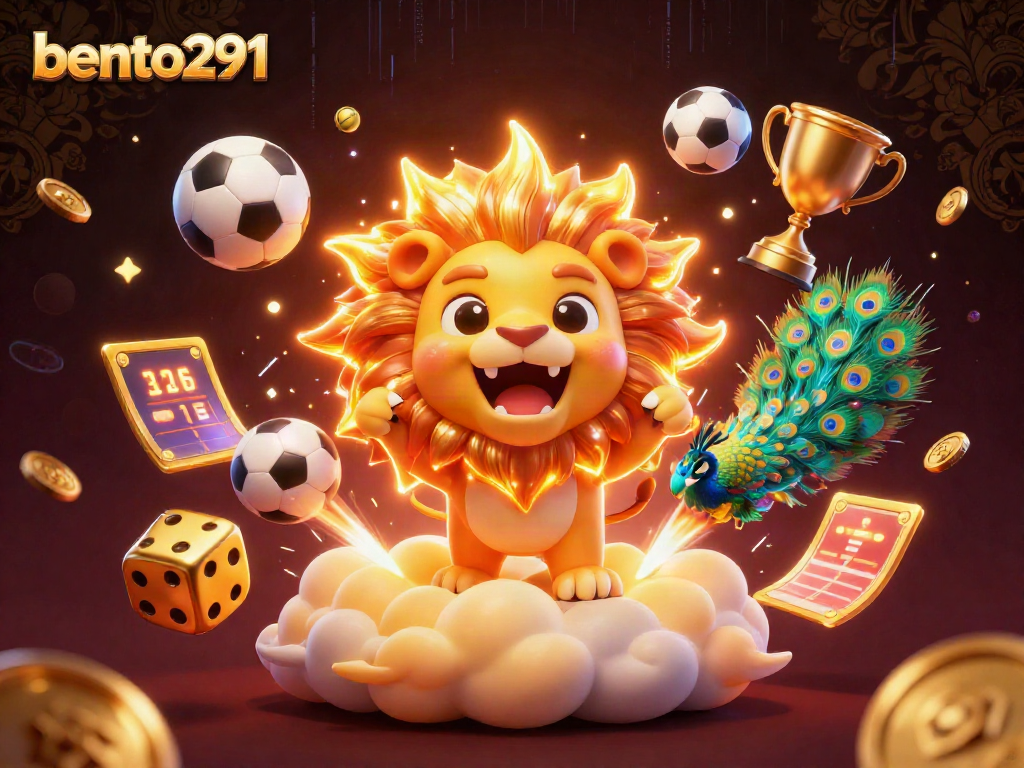 Bento291 showcases a vibrant 3D scene where a golden lion and peacock create excitement amidst dynamic sports elements.