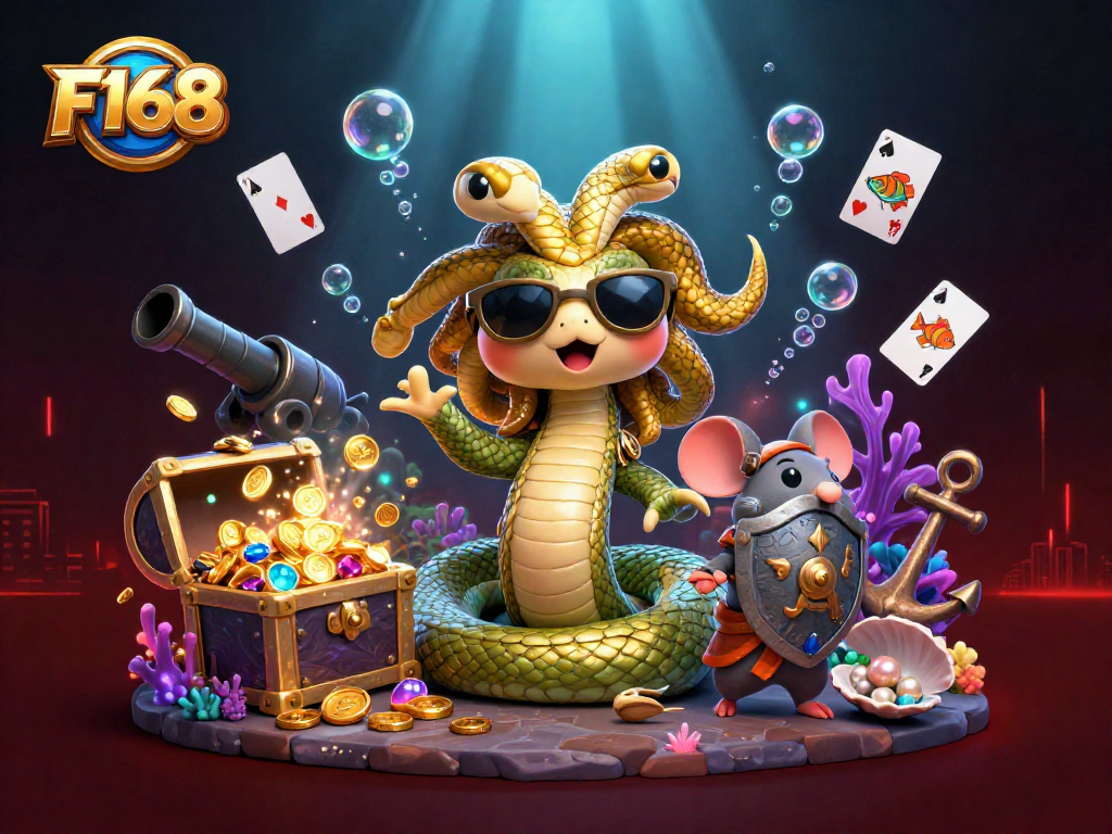 F168 offers a vibrant casino adventure with Medusa and a warrior mouse among treasure and cards.