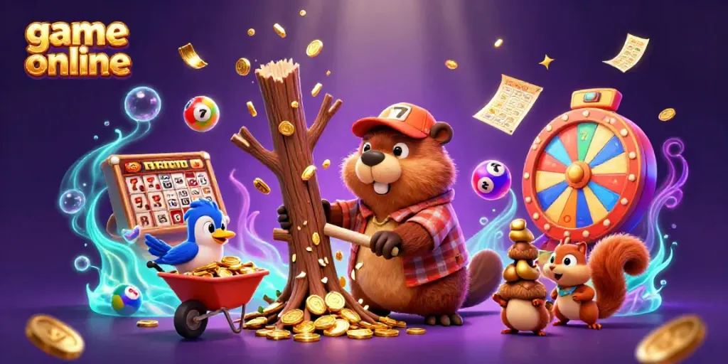 Play exciting game online with a whimsical scene of a playful beaver and friends themed around casino fun.