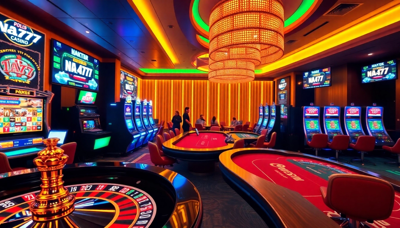 Exciting NA777 casino scene featuring a roulette wheel and poker table with professional dealers.