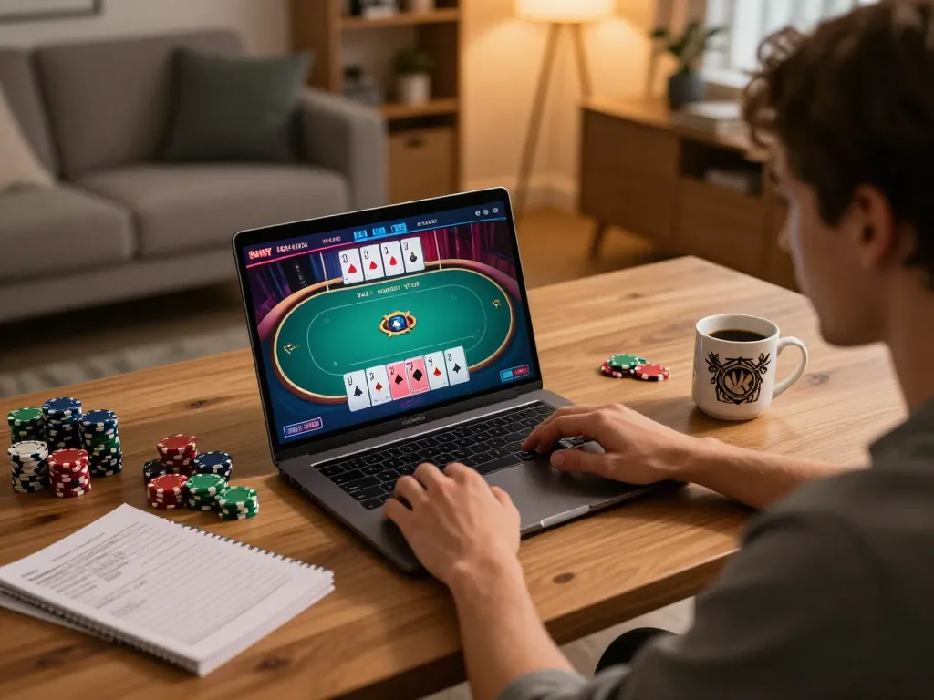 Engaging in an online poker game at home with vipwin in a stylish setup
