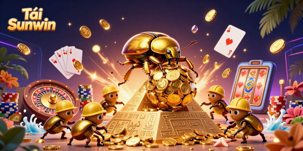 Tải Sunwin features a massive golden dung beetle rolling coins in a vibrant casino scene filled with excitement.