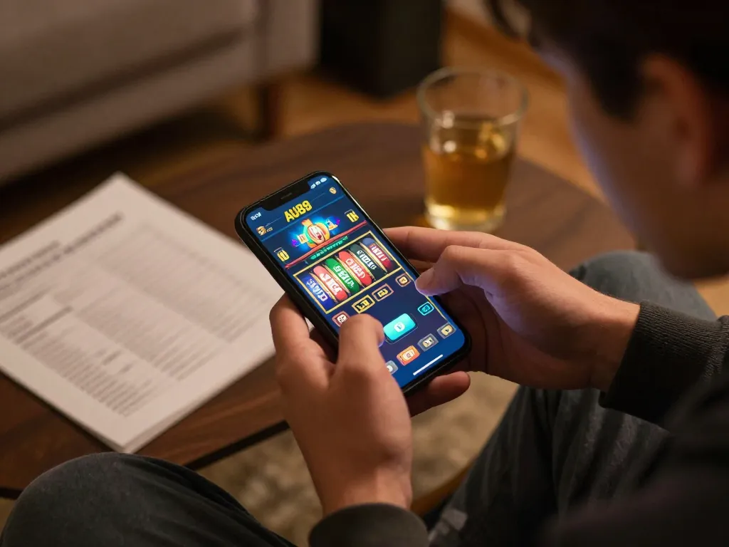 Player enjoying AU88 mobile casino app on smartphone, showcasing an engaging home gaming experience.