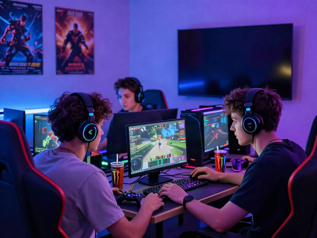 Engaging gaming scene showcasing A80's immersive gaming environment with players, LED lights, and gaming gear.