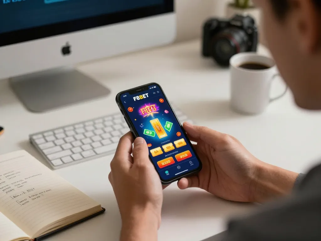 F8BET player excitedly interacting with smartphone during online gambling session
