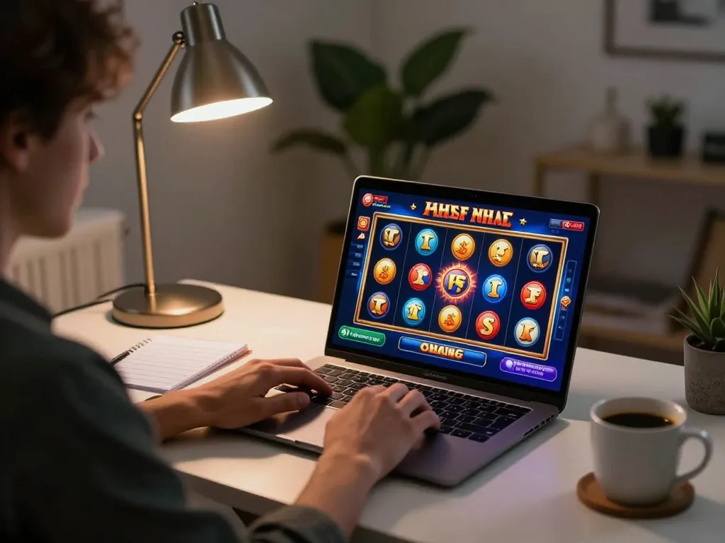 Engaging in Canada online casinos gaming on a laptop with vibrant slot symbols and notes.