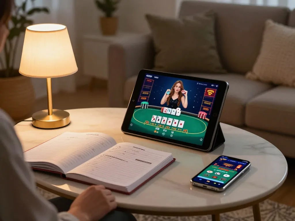 KP88VIP gaming experience at home with engaged player on a tablet, showcasing strategy notes and smartphone app.