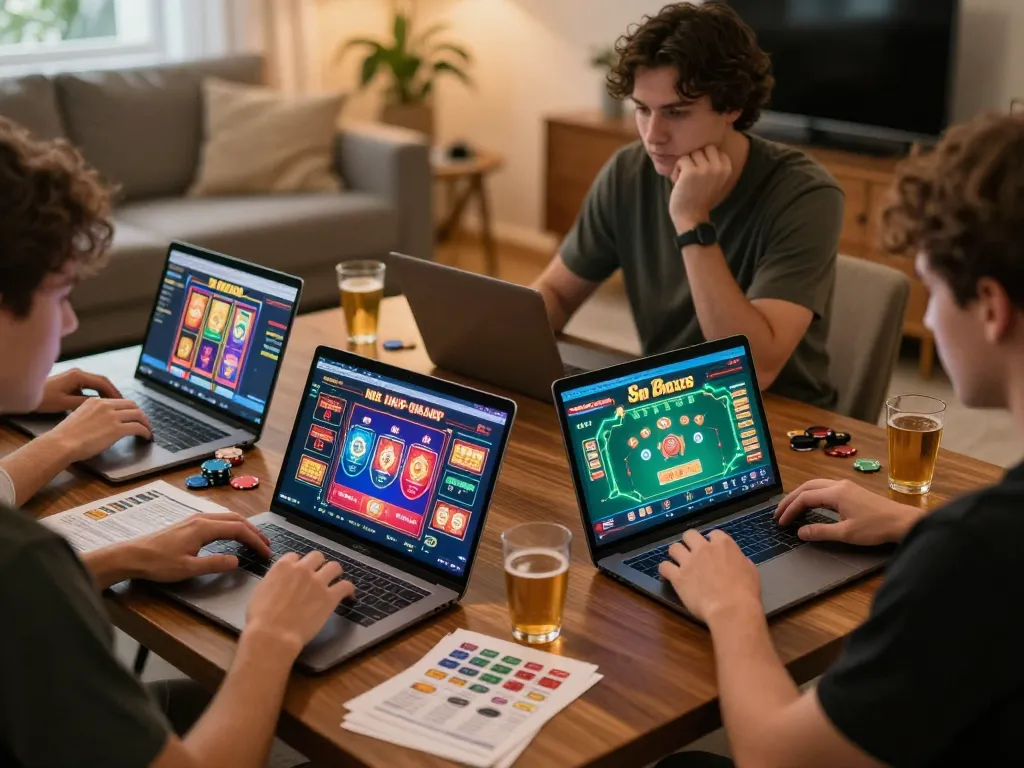 Players engaging in online casino games with KU3933 interface in a warm home setting