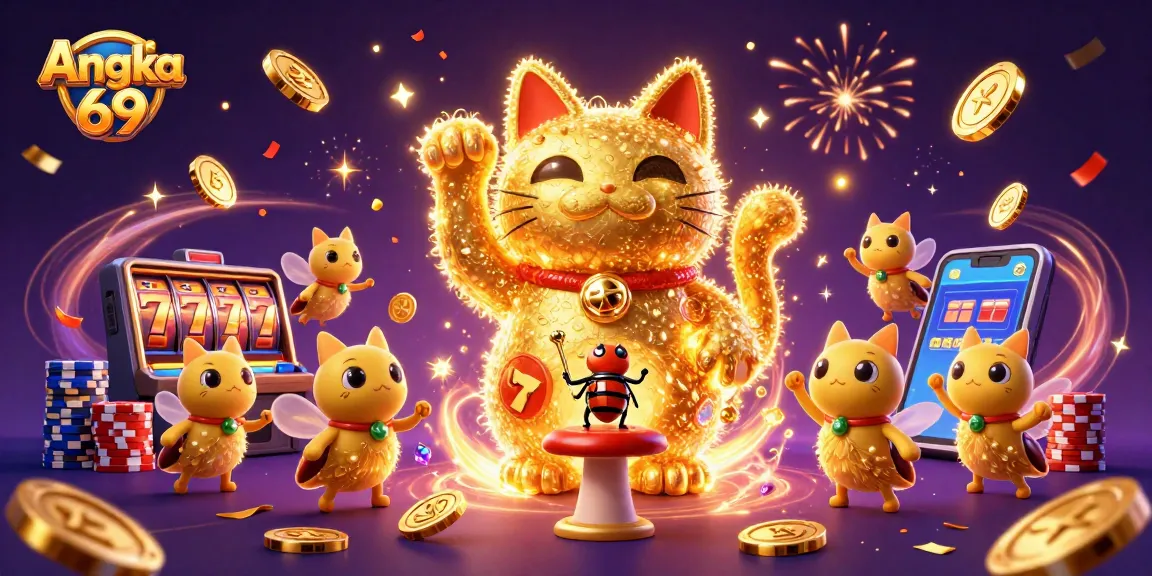 Experience Angka 69's vibrant energy with a lucky cat and festive casino elements.