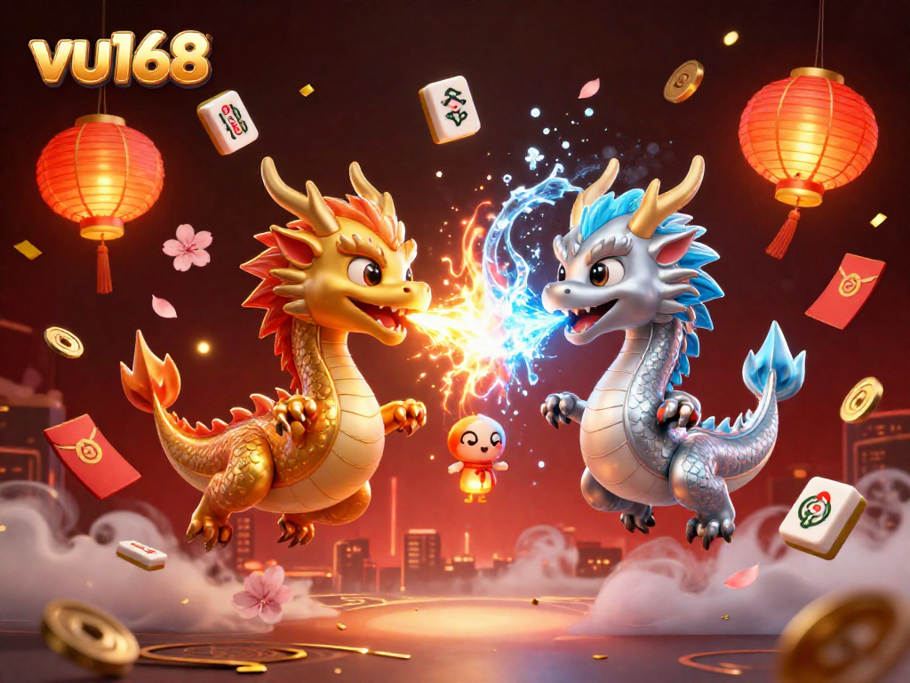 Experience thrilling action at vu168 with vibrant dragons, lanterns, and festive gambling elements.