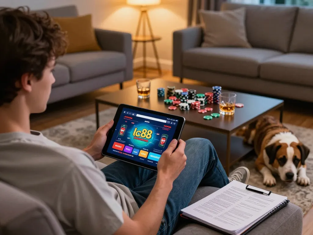 Person using app lc88 on a tablet for online casino gameplay in a cozy living room.