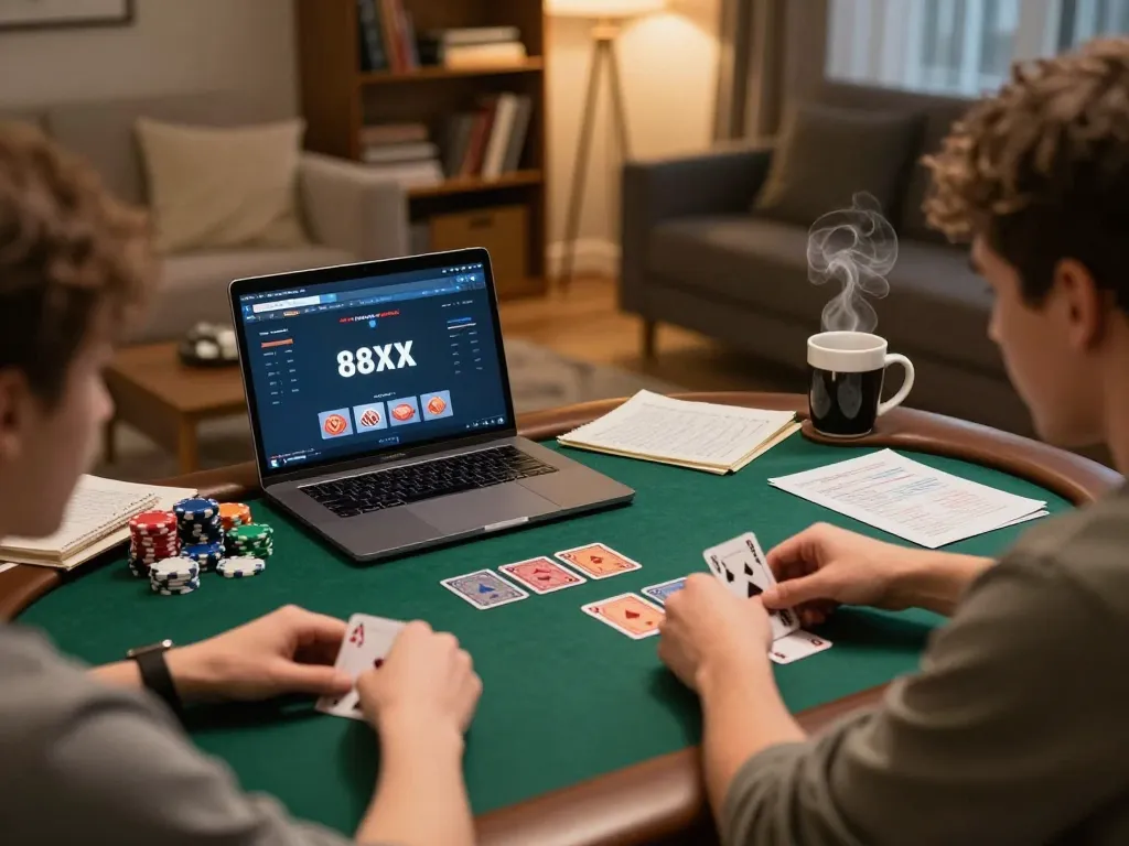 Engaged player strategizing during online game at 88xx platform with cozy ambiance.