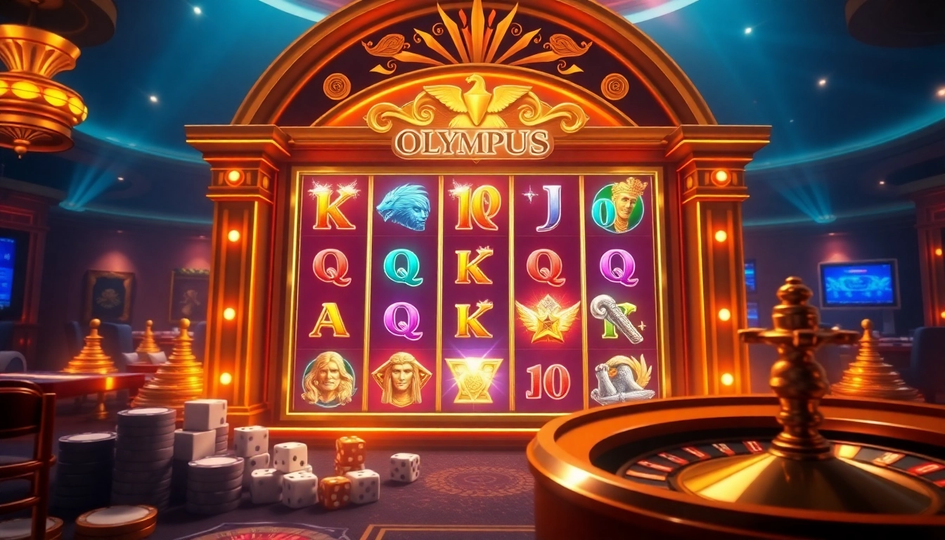 Spin the Olympus slot with vibrant symbols and immersive casino elements in a luxurious setting.