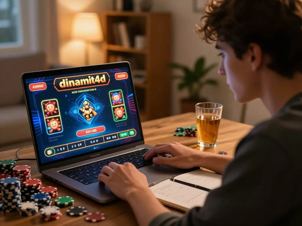 Engaging with dinamit4d online games on laptop, showcasing strategic gaming setup at home.