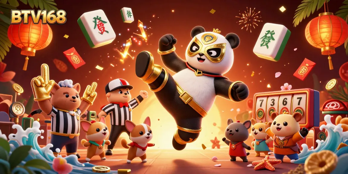 Experience BTV168's exciting casino world with animated panda wrestling amidst vibrant game elements.
