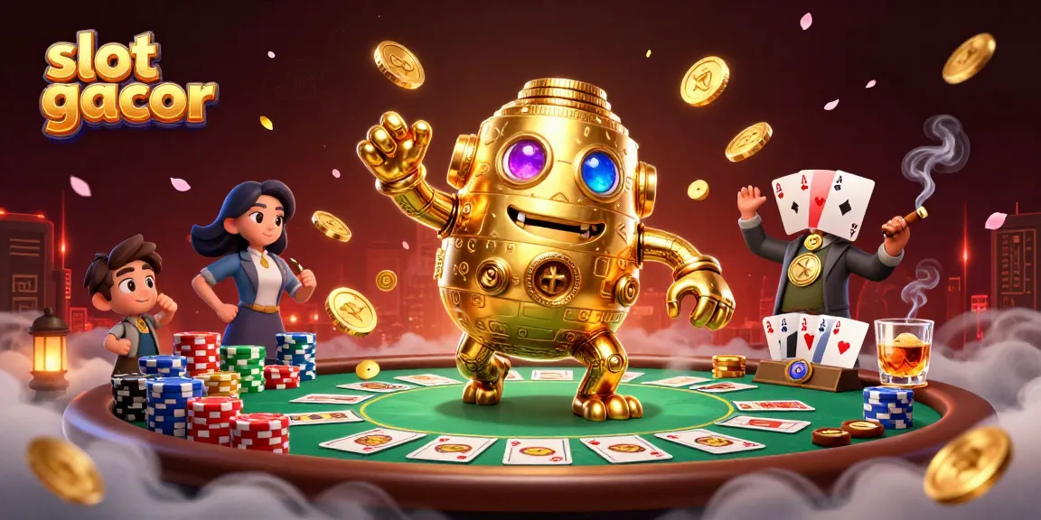 Menangkan permainan slot gacor dengan karakter golem emas dan suasana kasino penuh warna.