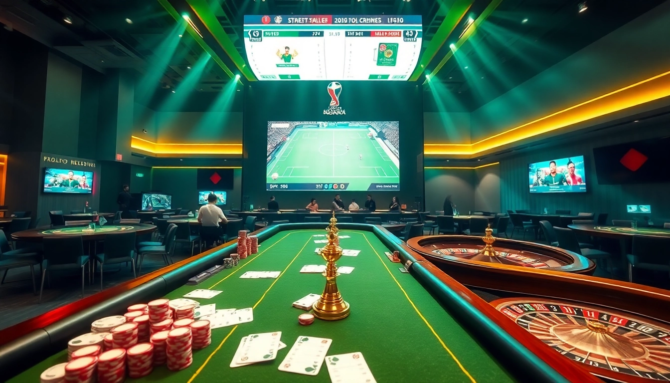 Engage in Judi Bola Piala Dunia betting at a luxurious casino with vibrant tables and thrilling sports displays.
