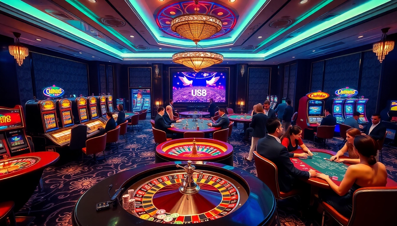 Players enjoying thrilling casino games at UU 88 with vibrant slot machines and poker tables.