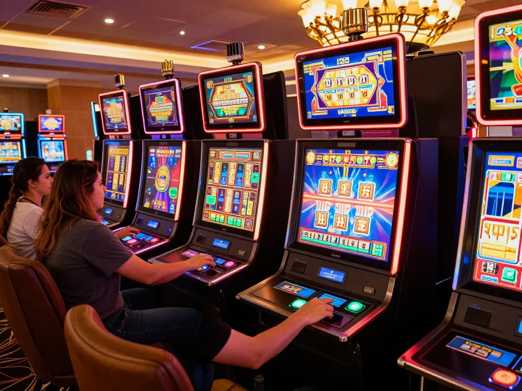 Players enjoying thrilling slot games at 258bet casino with vibrant neon lights and engaging gaming atmosphere