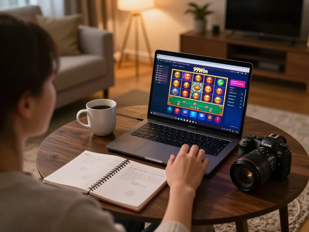 Engaging at-home gaming session on 99Win platform with vibrant slot graphics and strategy notes.