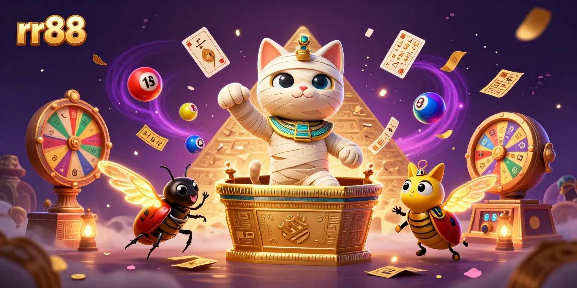 Experience thrilling gameplay at rr88 with a vibrant scene of a mummy cat and gold elements.