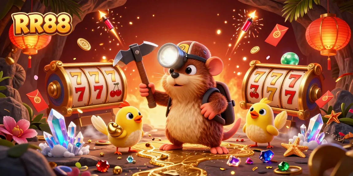 Experience the thrill of RR88 with a vibrant treasure hunting scene featuring a mole and rich casino elements.