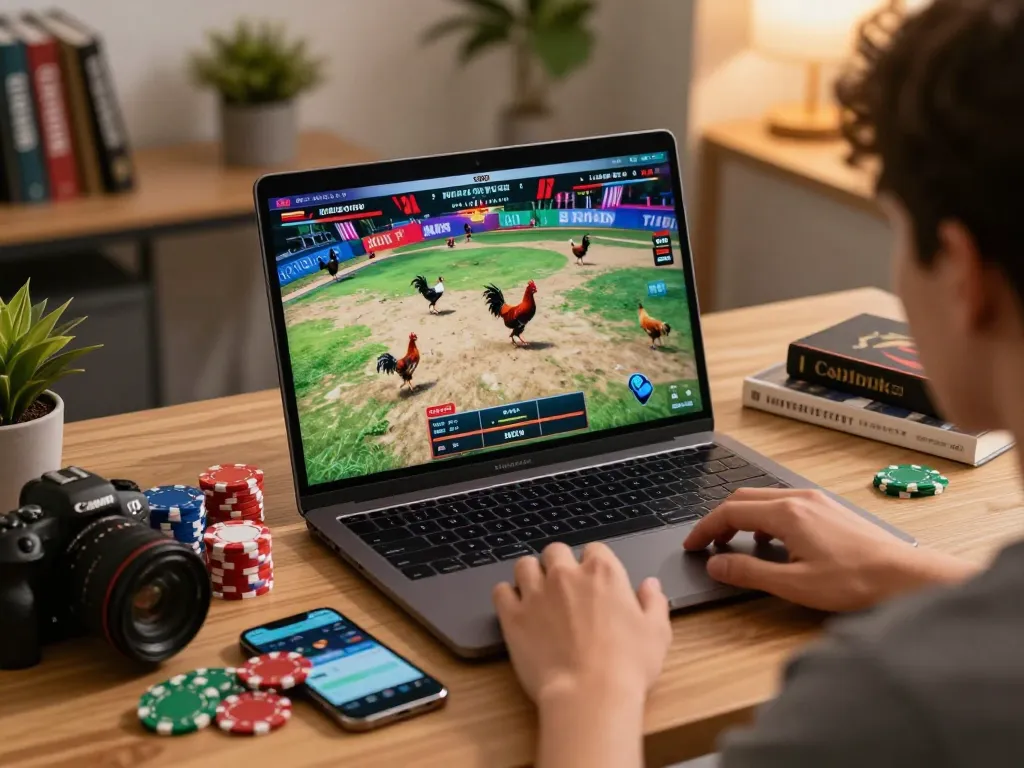 Xem đá gà trực tiếp HD trên một chiếc laptop hiện đại tại không gian chơi game ở nhà, với bầu không khí sôi động, thể hiện người xem nhiệt tình và các yếu tố cá cược đầy màu sắc.