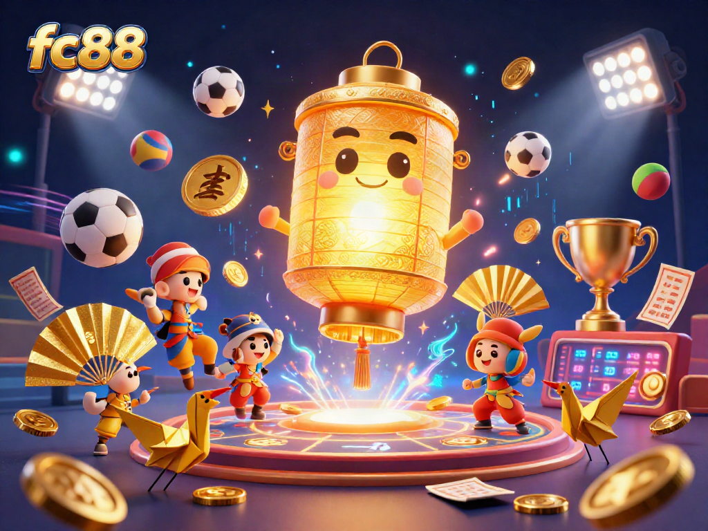 Engage with fc88's vibrant casino scene featuring dynamic sports elements and a golden lantern spirit.
