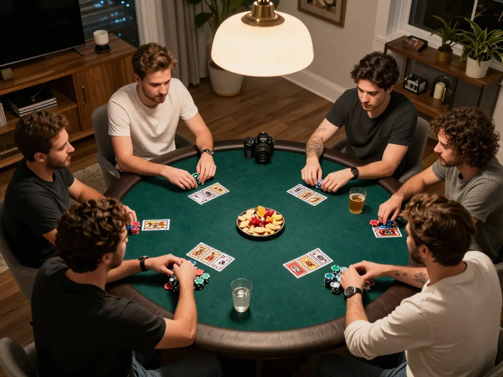 Engaging home poker game showing players strategizing at the table while enjoying snacks, highlighting online usa casinos experience.