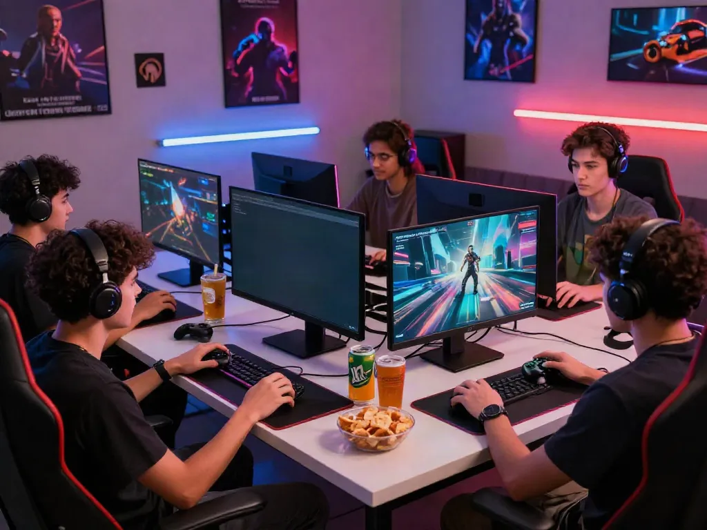 Engaging online gaming experience with friends, showcasing akunjp gaming setup and vibrant atmosphere.