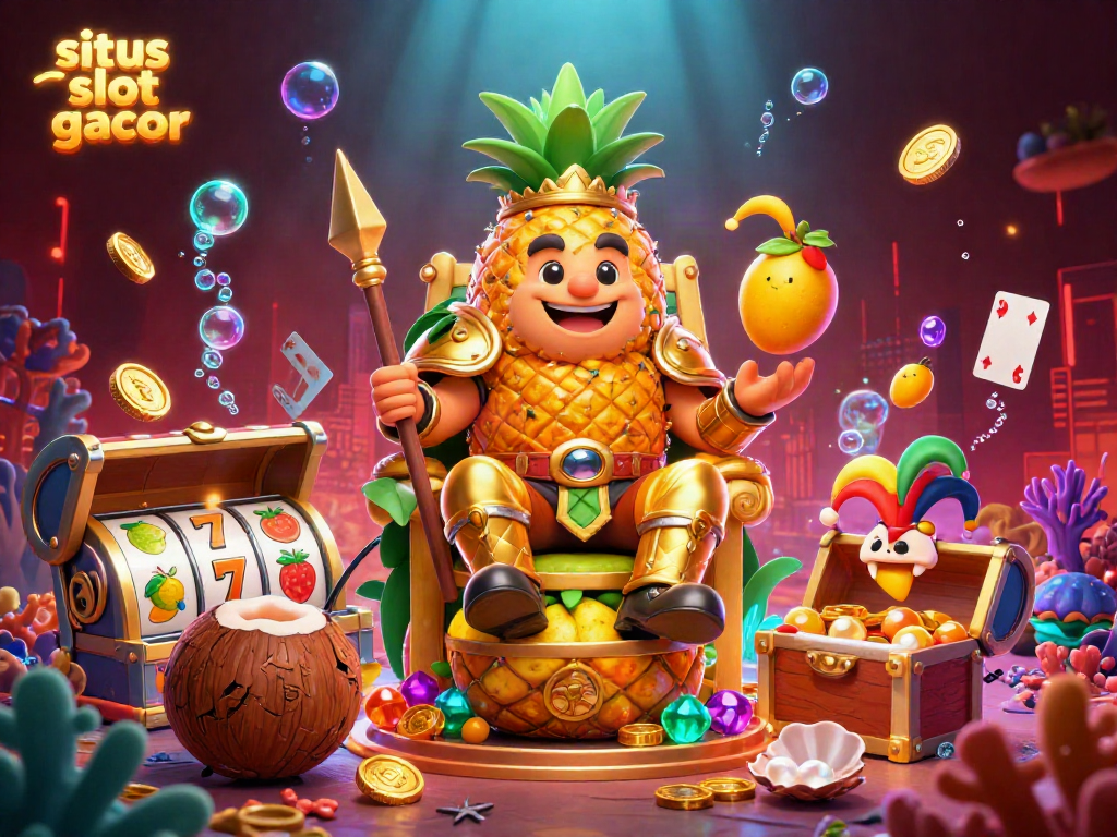 Situs slot gacor showcases vibrant 3D illustration of cartoon casino characters in a lively gaming scene.