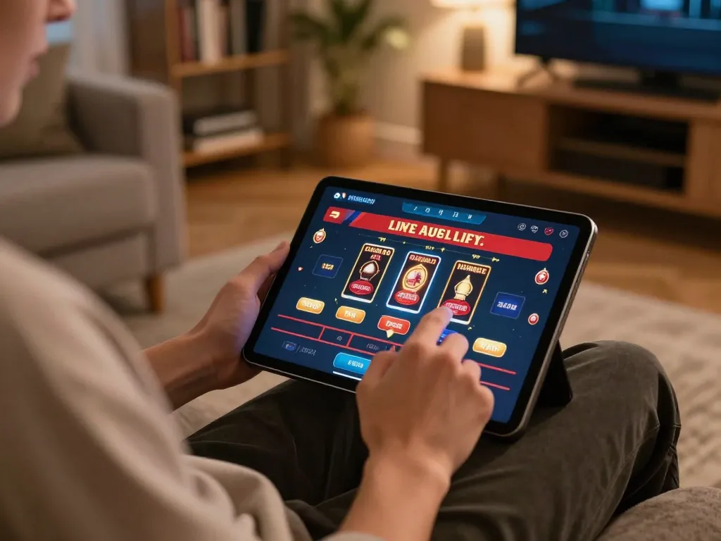 Engaging with ytr88 casino app on tablet for online gaming, showcasing responsible play in a cozy setup