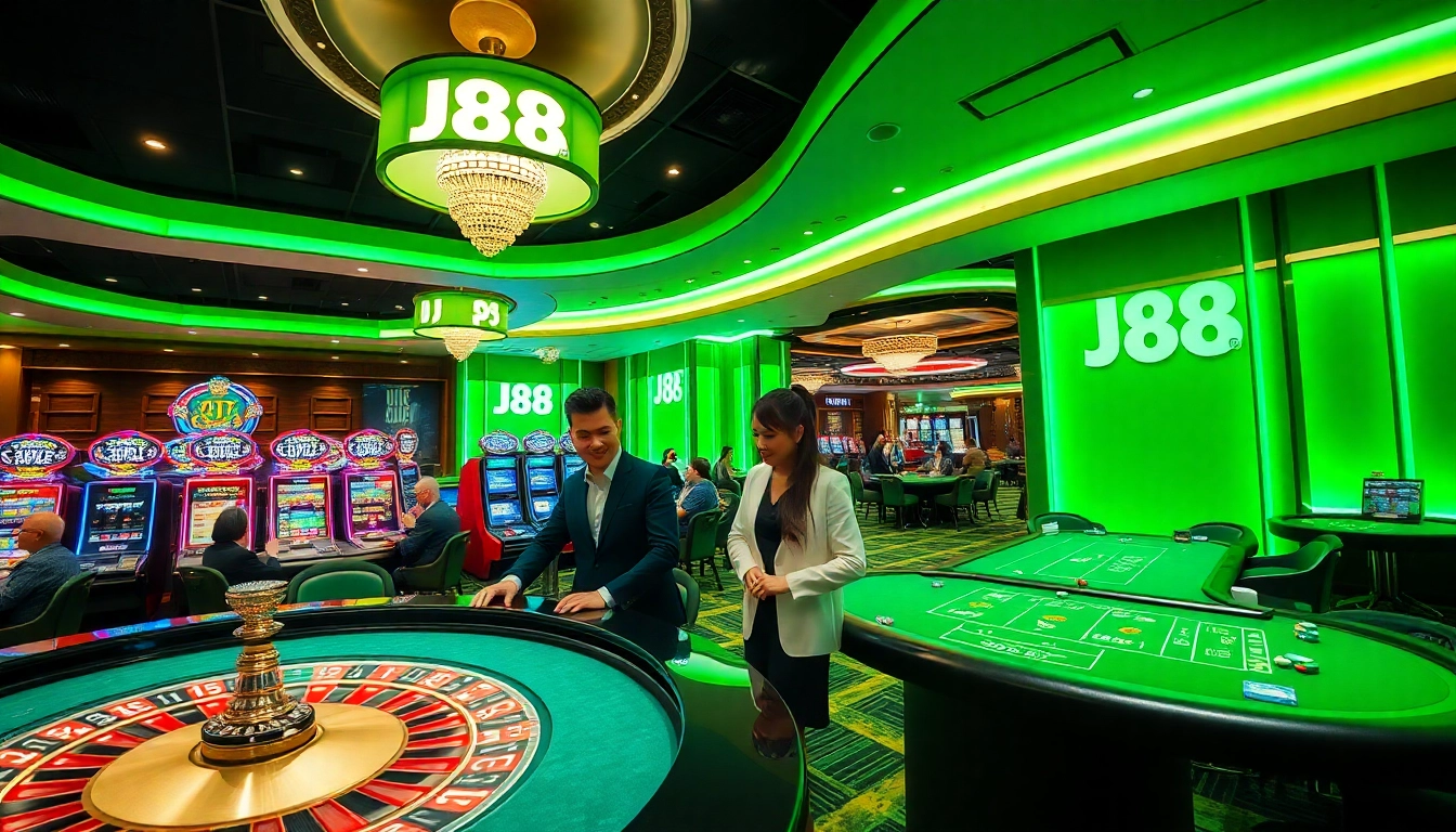 Experience the thrill of wagering at J88's premier online casino, featuring vibrant gameplay and elegant decor.
