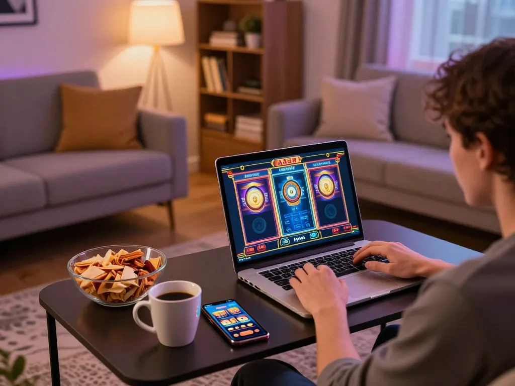 Player enjoying a slot tournament online with aa88 app visible on smartphone in cozy home setup