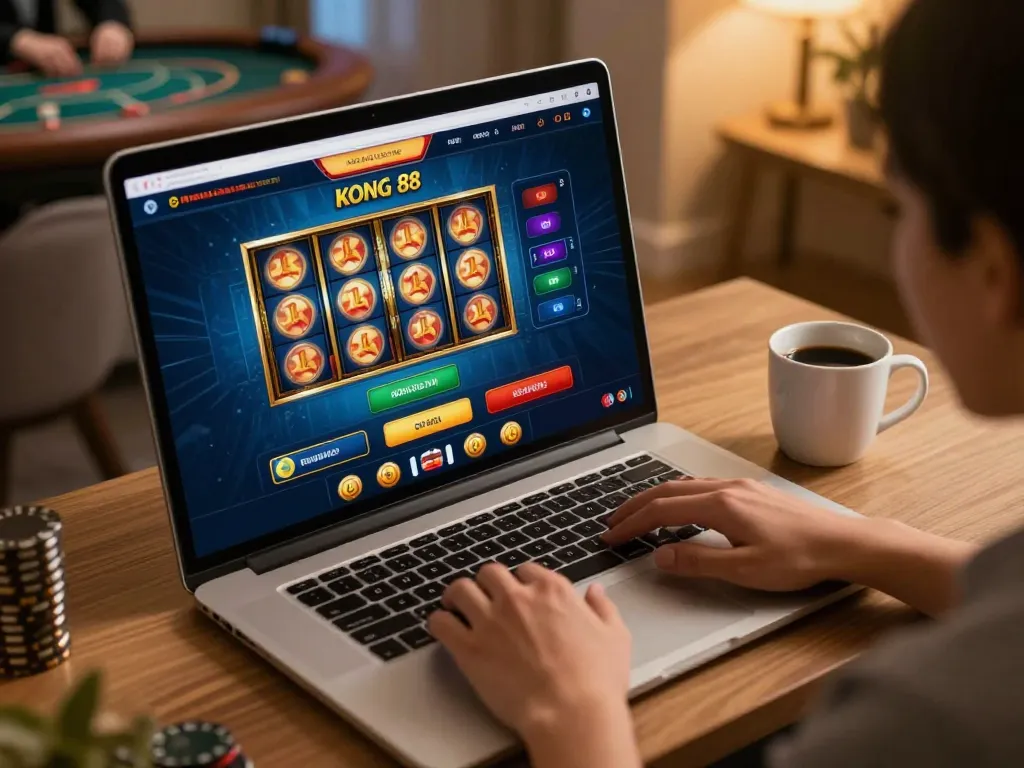 KONG 88 online gaming session showcasing dynamic slot reels and interactive interfaces in a cozy home.