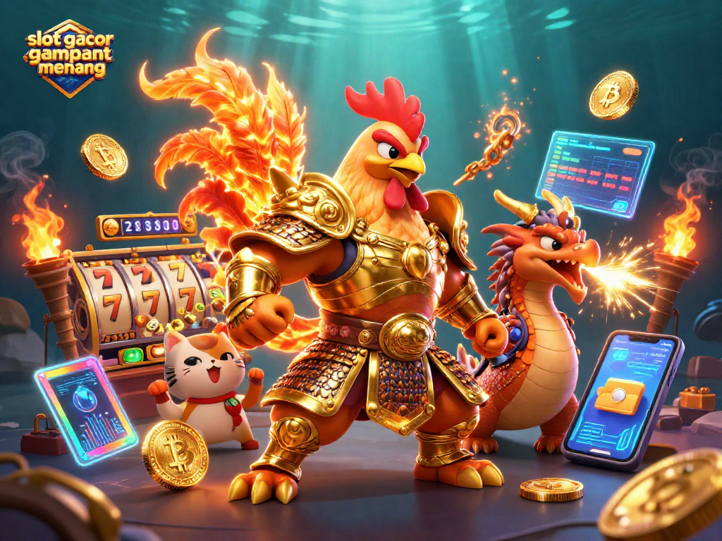 Join the fun at slot gacor gampang menang with a dynamic 3D illustration featuring a rooster warrior and dragon.